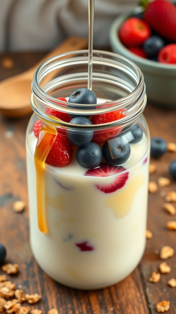 A jar of creamy homemade yogurt topped with berries and honey on a rustic countertop.